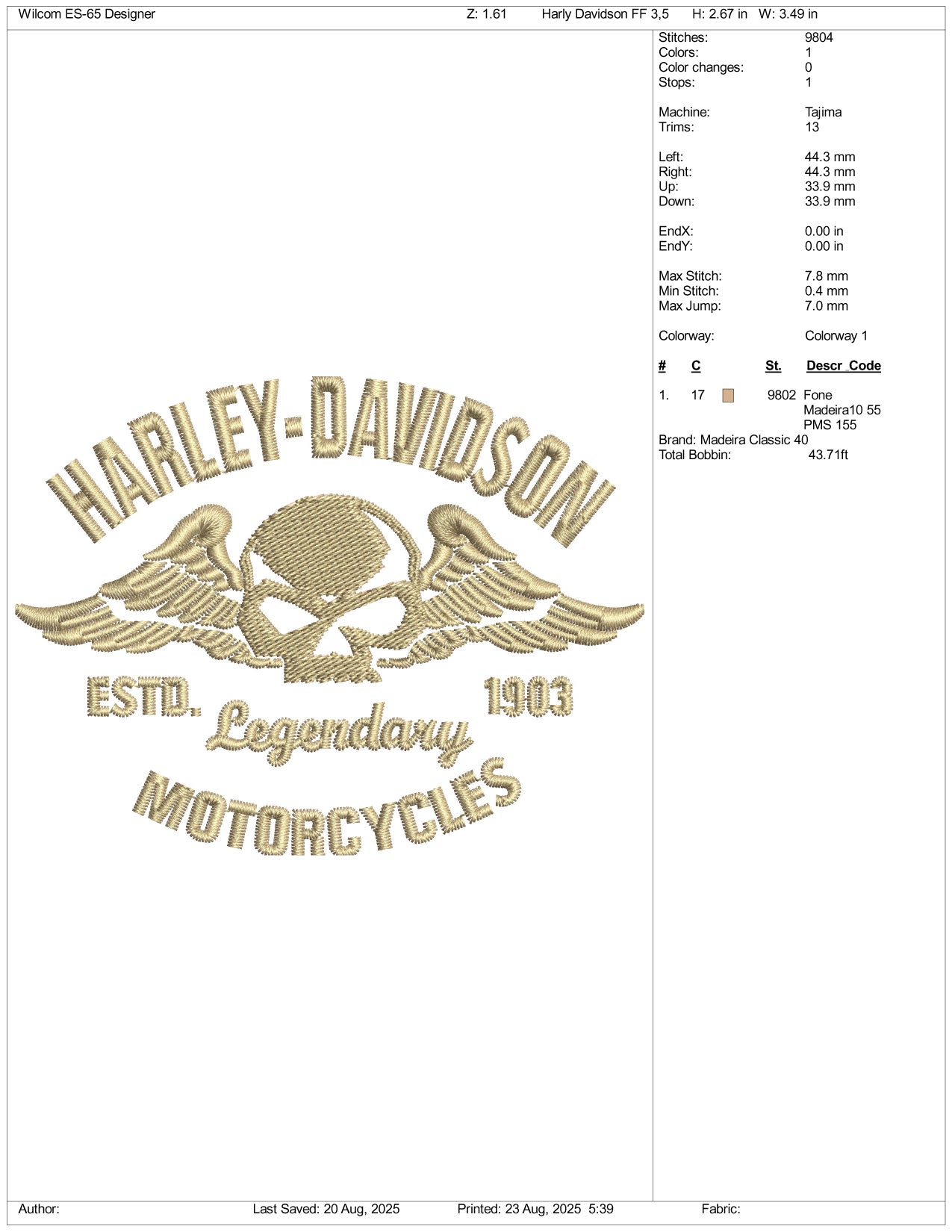 Harley Davidson Legendary Motorcycles Embroidery Files - 3 Size's