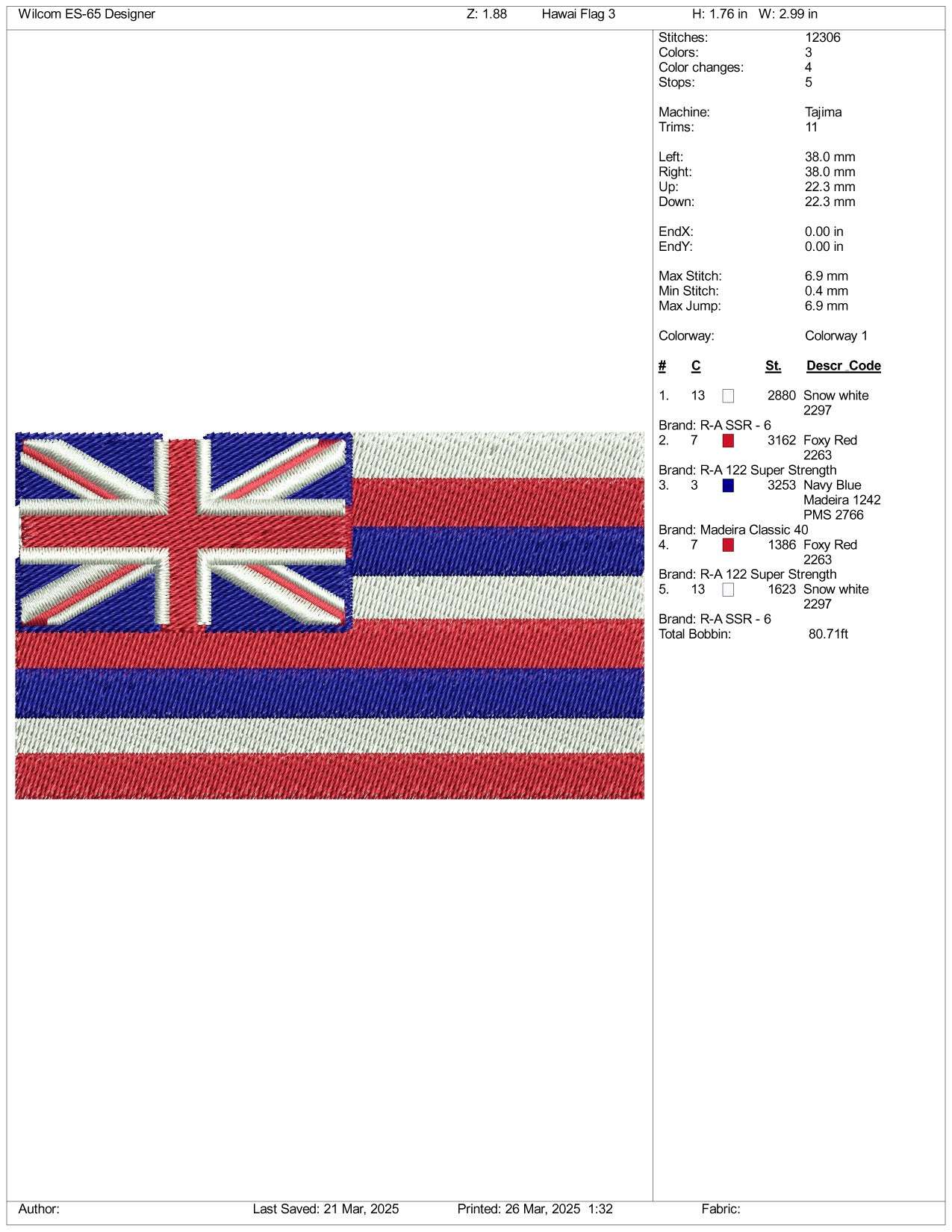 Hawaii Flag Embroidery Design Files - 3 Size's