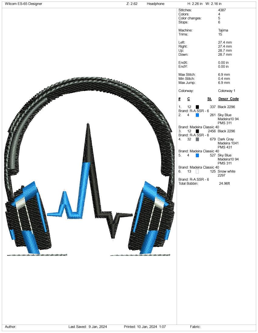 Headphone v2 Embroidery Design Files - 3 Size's