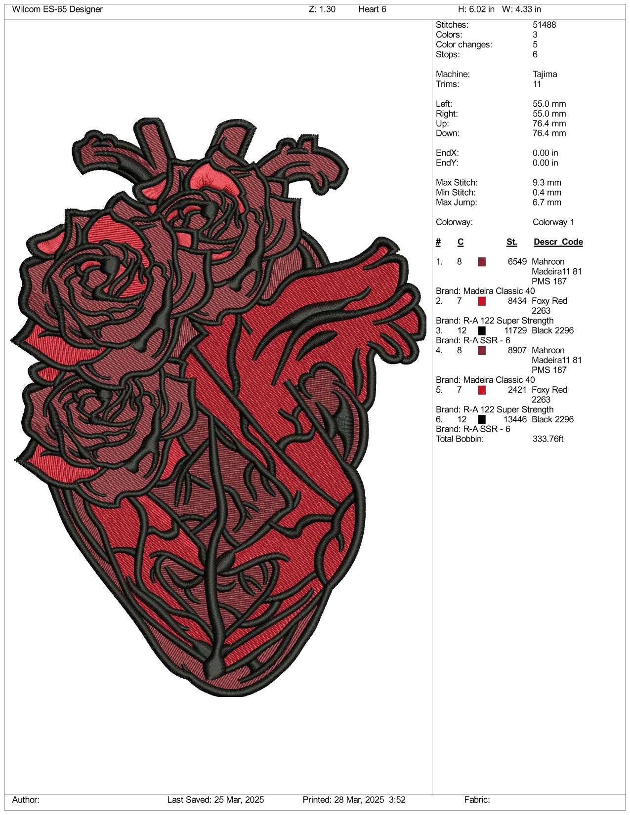 Red Rose Flower Heart Embroidery Design Files - 3 Size's