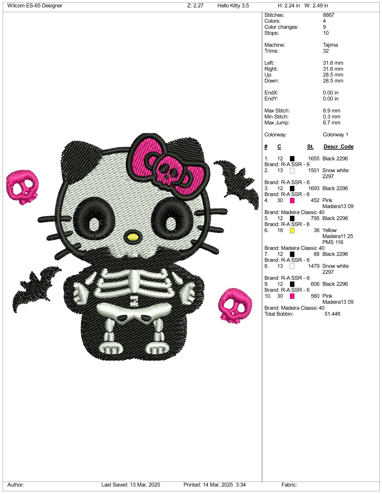 Hello Kitty Skull Embroidery Files - 3 Size's