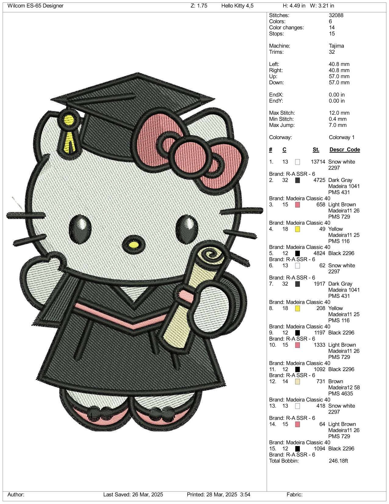 Hello Kitty Graduation Embroidery Design Files - 3 Size's