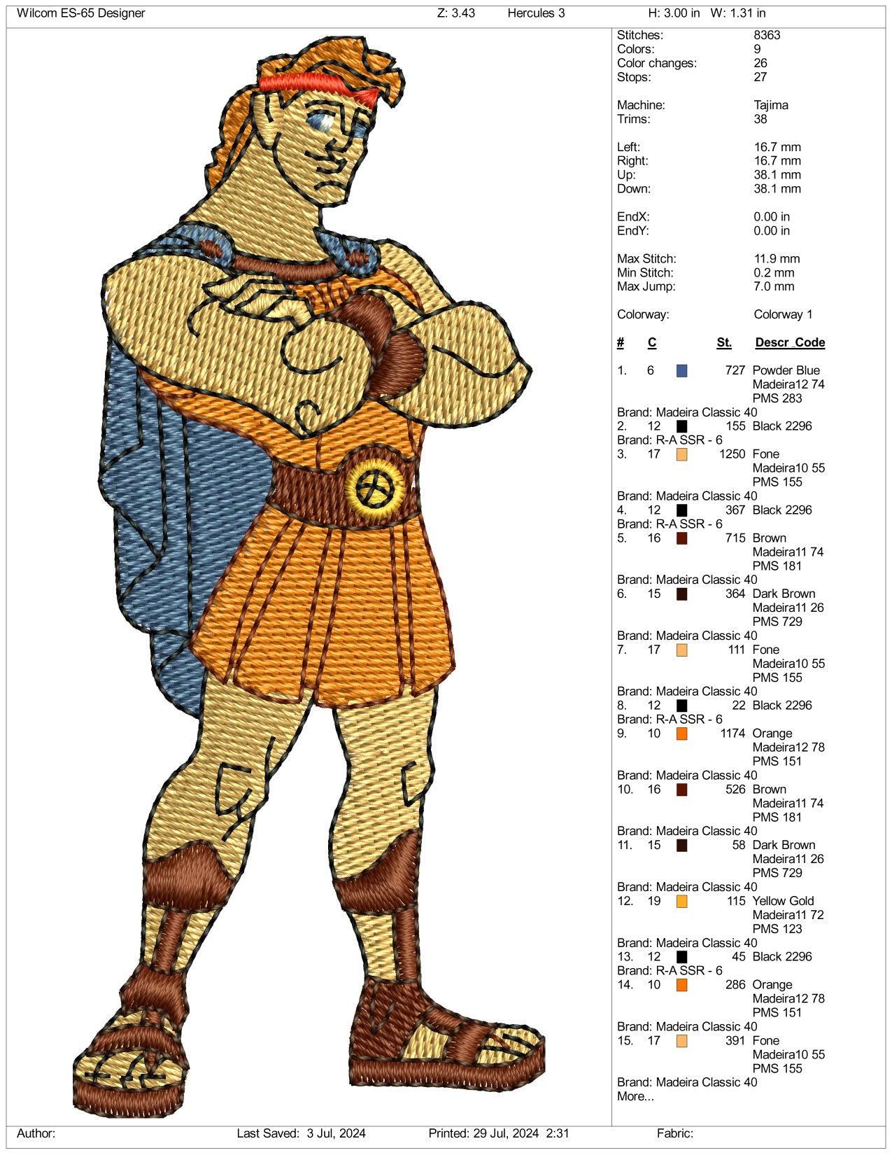 Hercules Embroidery Design Files - 3 Size's