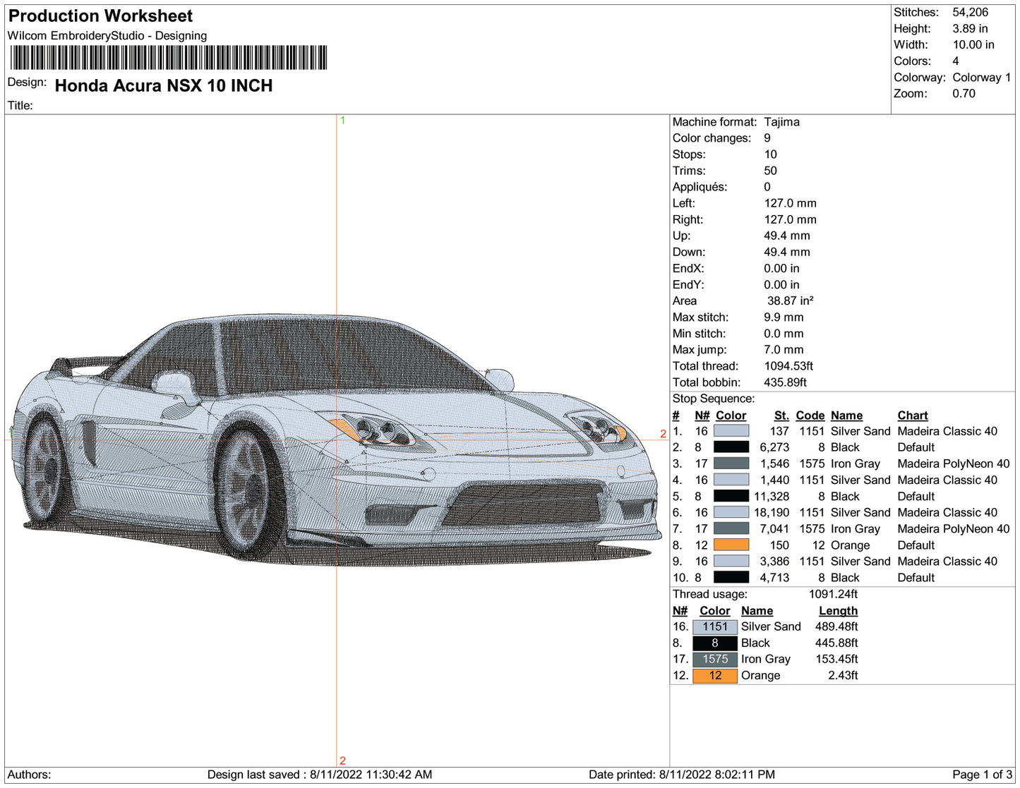 Honda Acura NSX 7 Embroidery Design Files - 6 Size's