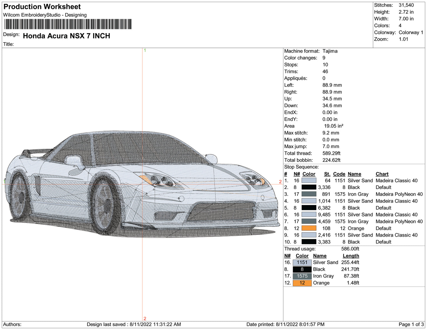 Honda Acura NSX 7 Embroidery Design Files - 6 Size's
