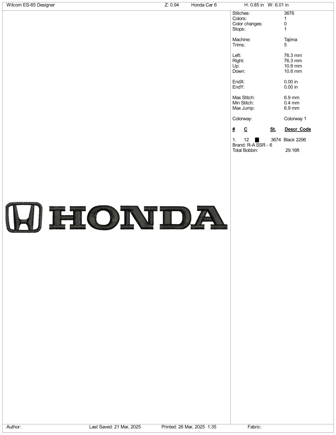 Honda Logo Embroidery Design Files - 3 Size's