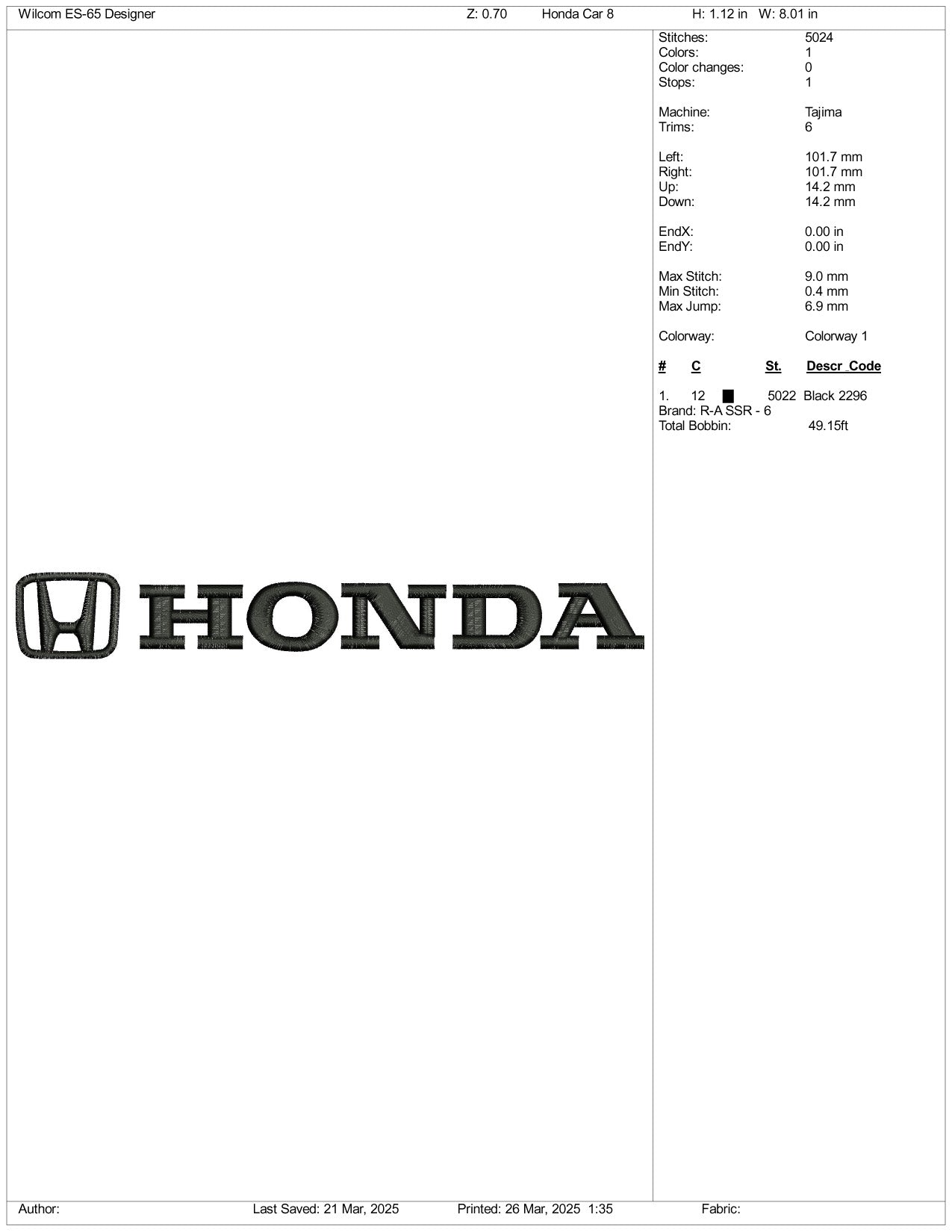 Honda Logo Embroidery Design Files - 3 Size's