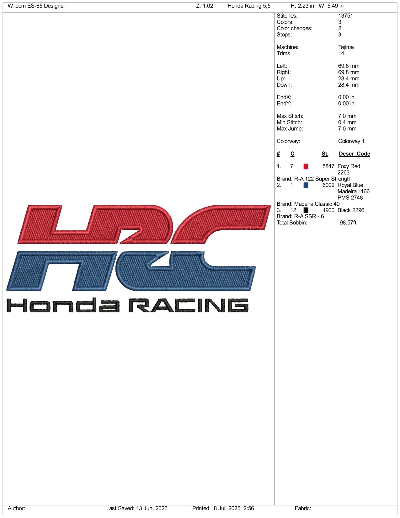Honda Racing HRC Logo Embroidery Design Files - 3 Size's