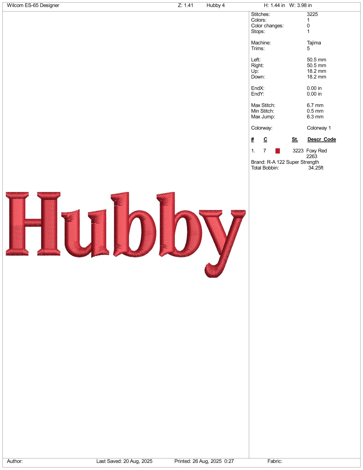 Hubby Embroidery Files - 3 Size's