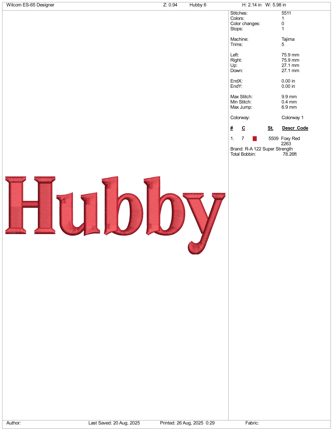 Hubby Embroidery Files - 3 Size's