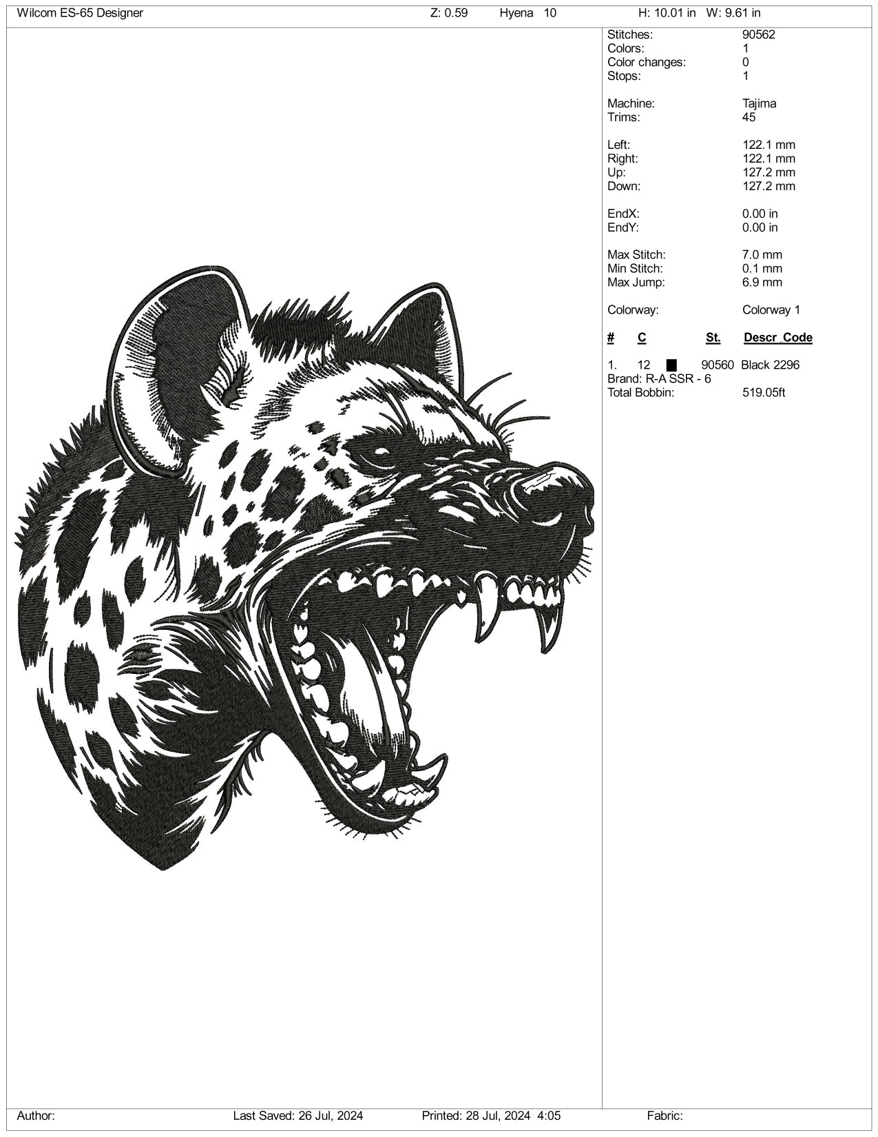 Black Hyena Face Embroidery Files - 3 Size's