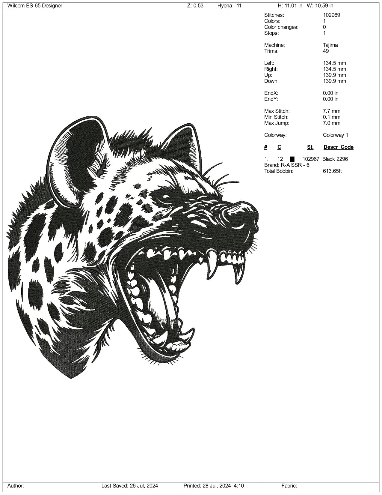 Black Hyena Face Embroidery Files - 3 Size's