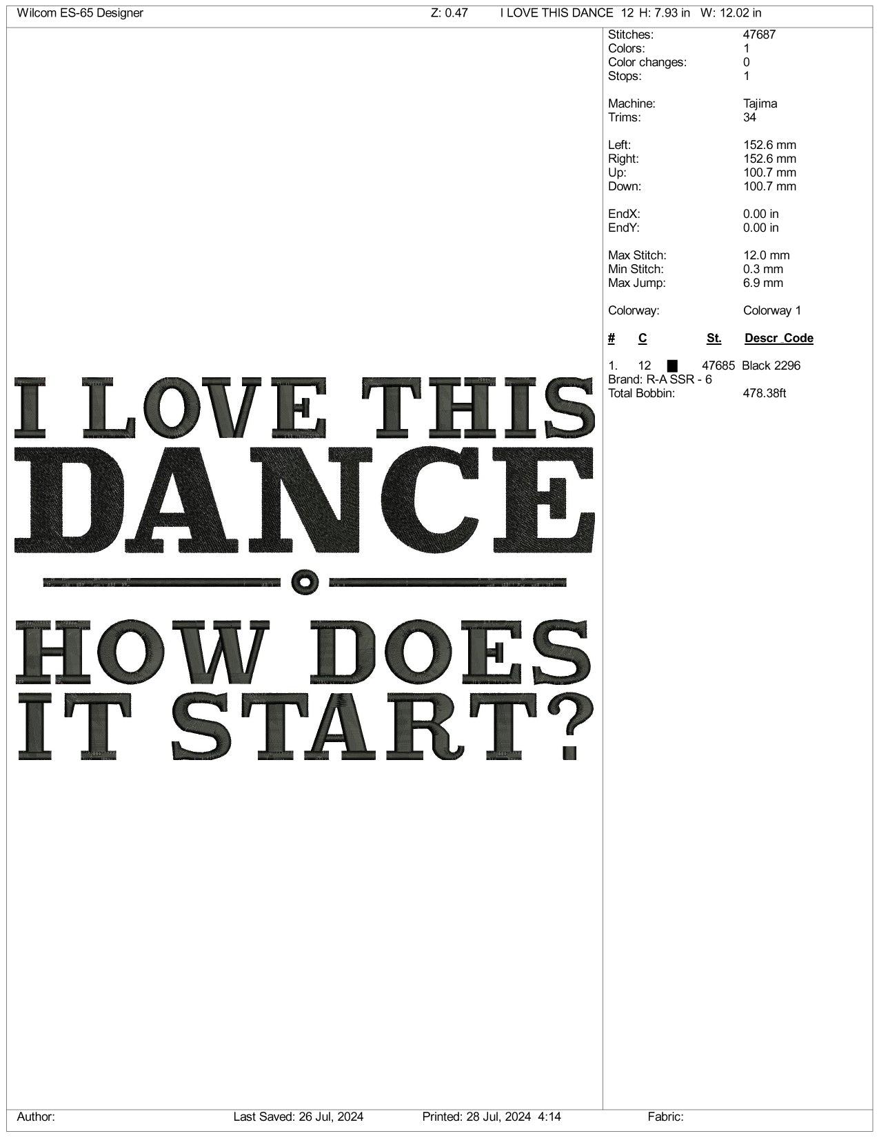 Archivos de bordado "Me encanta este baile" - 3 tamaños