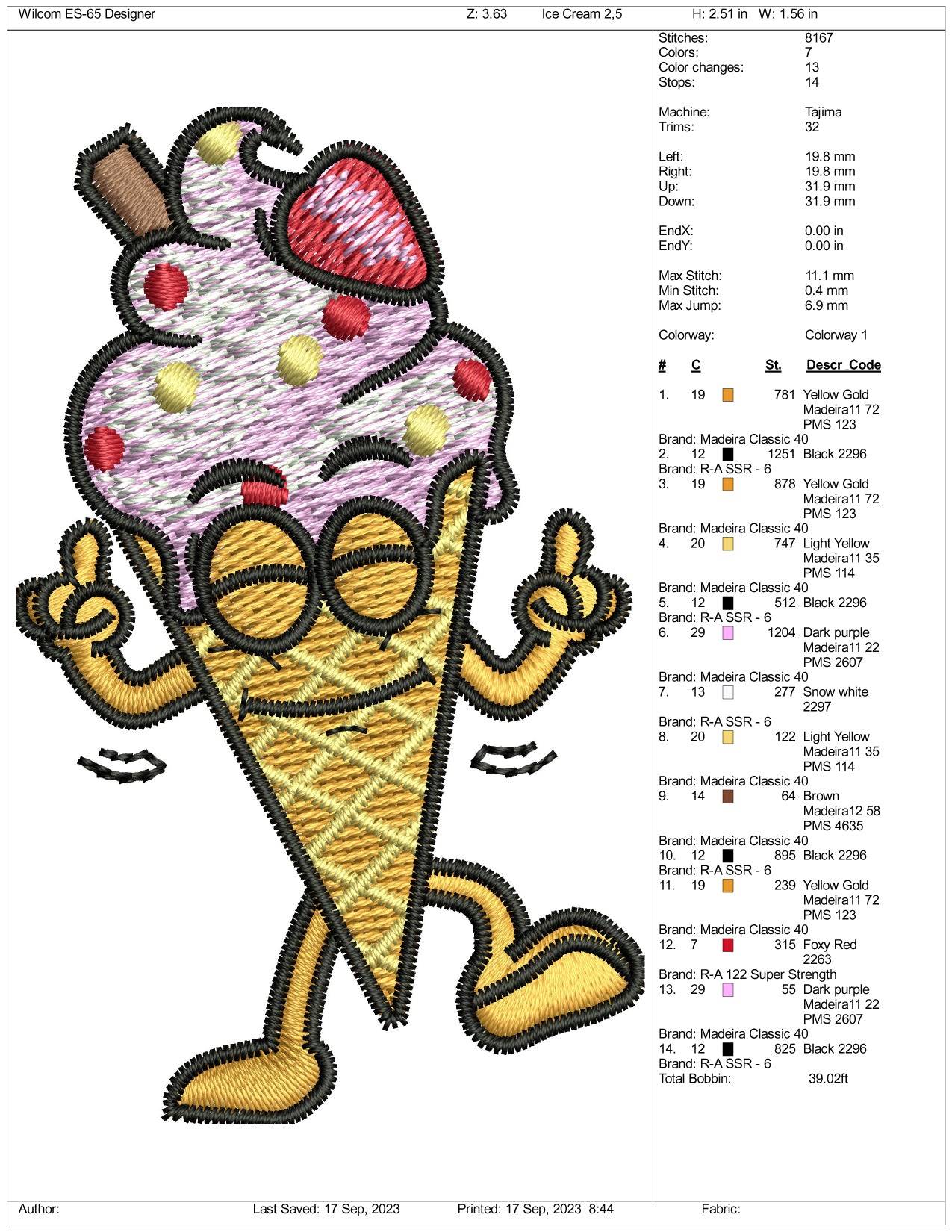 Happy Ice Cream Embroidery Design Files - 3 Size's