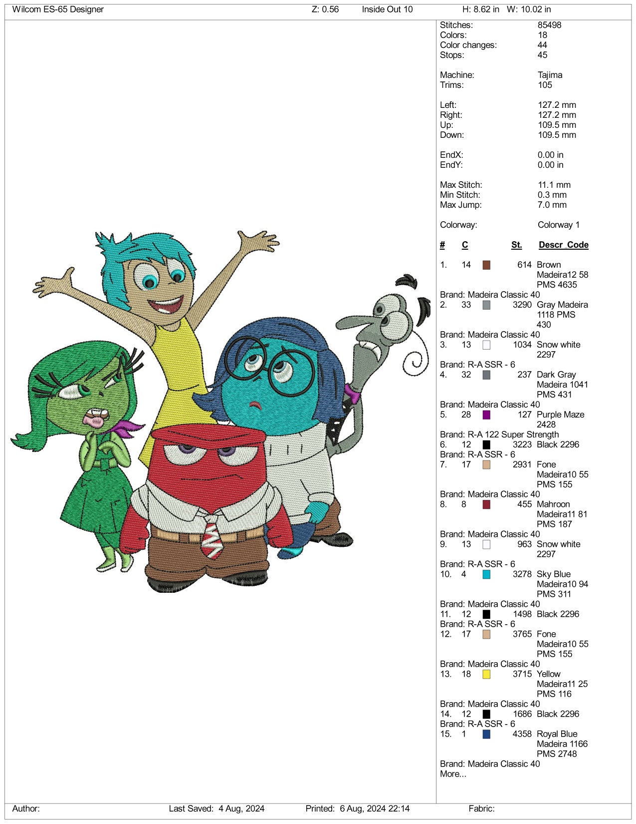 Inside Out Characters Embroidery Files - 3 Size's
