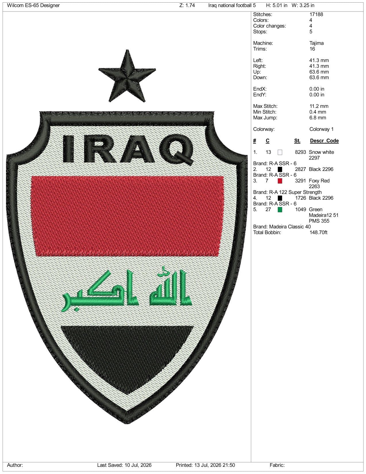 Iraq National Football Logo Embroidery Design Files - 3 Size's