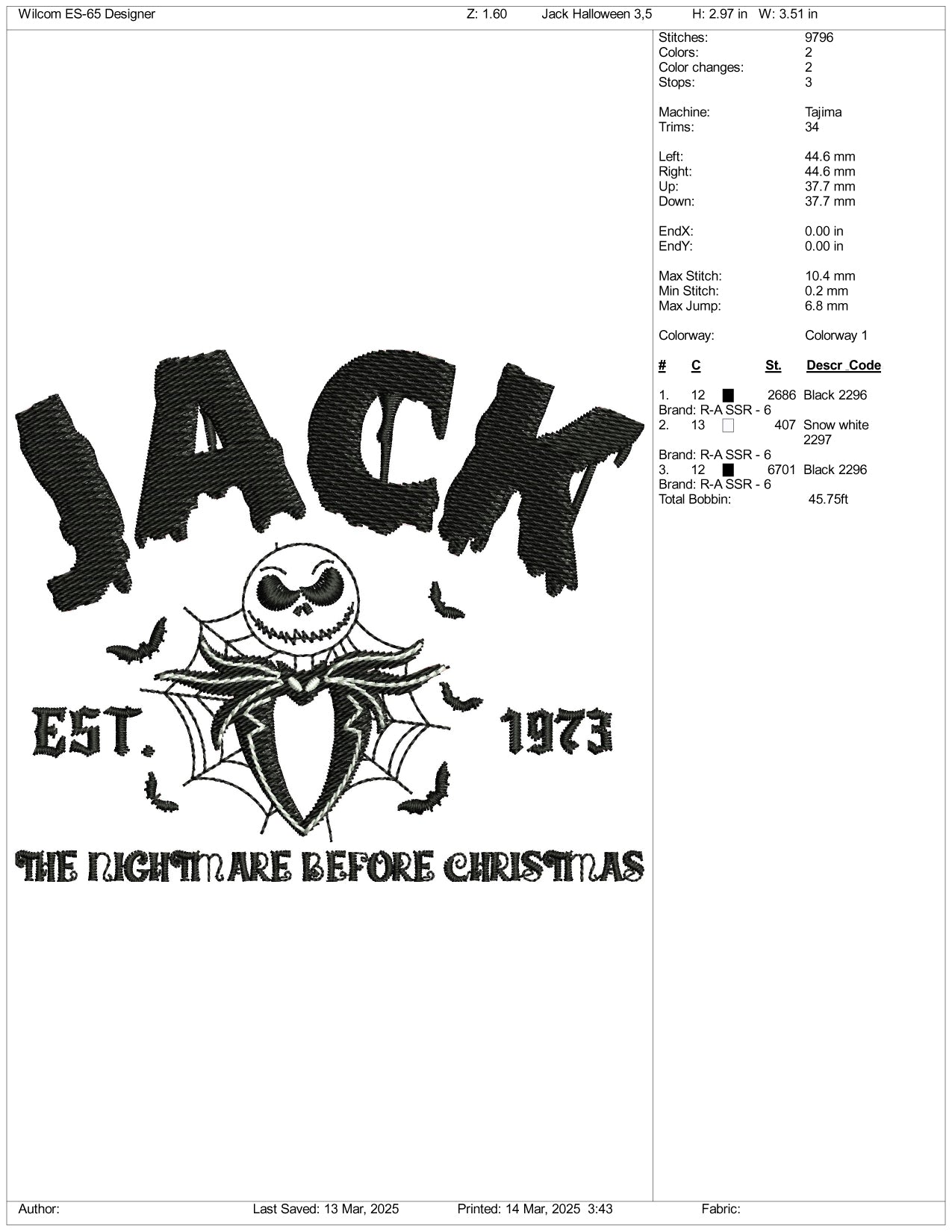 Jack est 1973 Embroidery Files - 3 Size's
