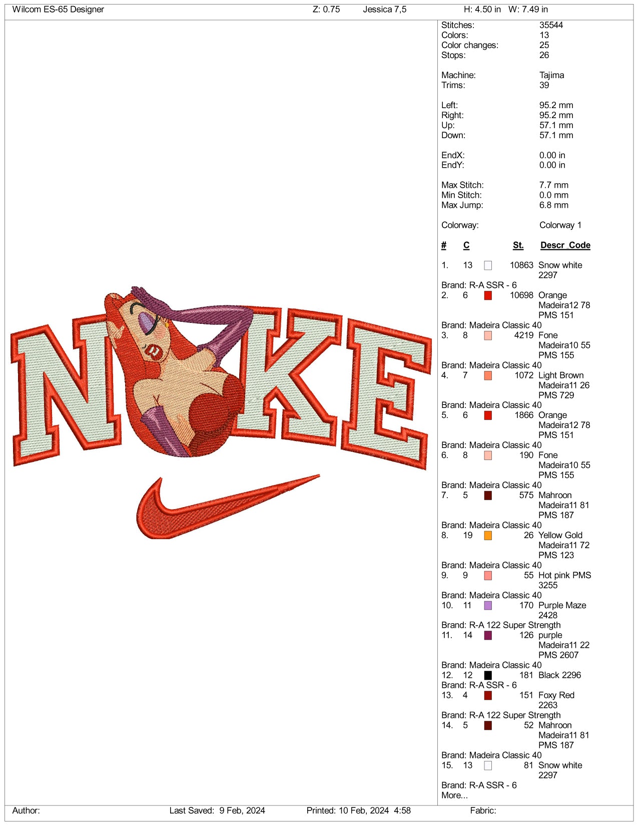 Archivos de diseño de bordado de Nike Jessica Rabbit (3 tamaños)