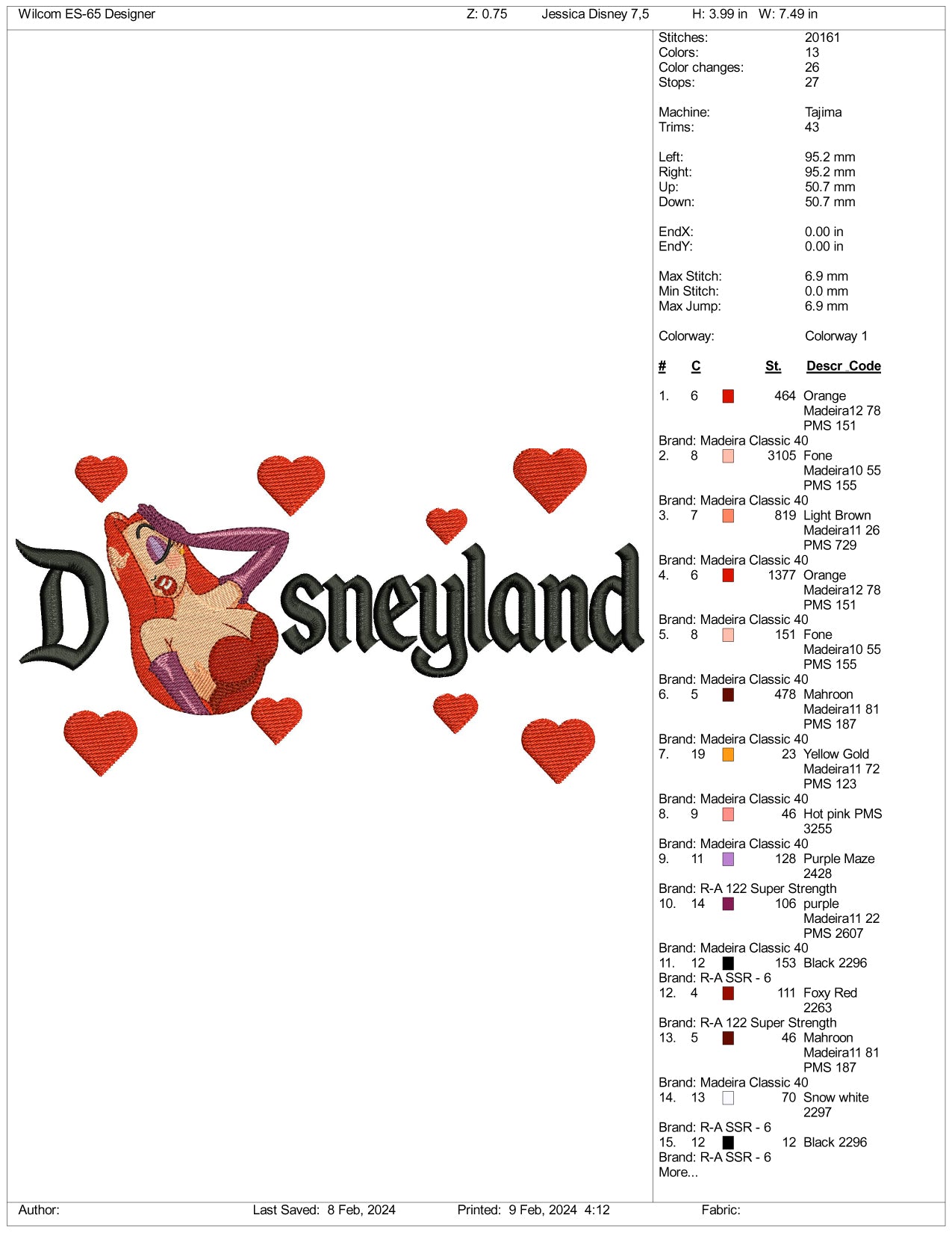 Jessica Rabbit Disneyland Embroidery Design Files - 3 Size's