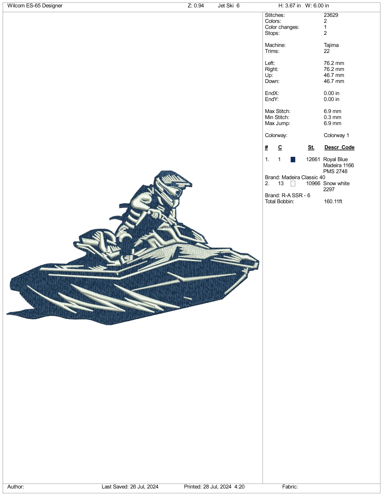 Jet Ski Man Embroidery Files - 3 Size's