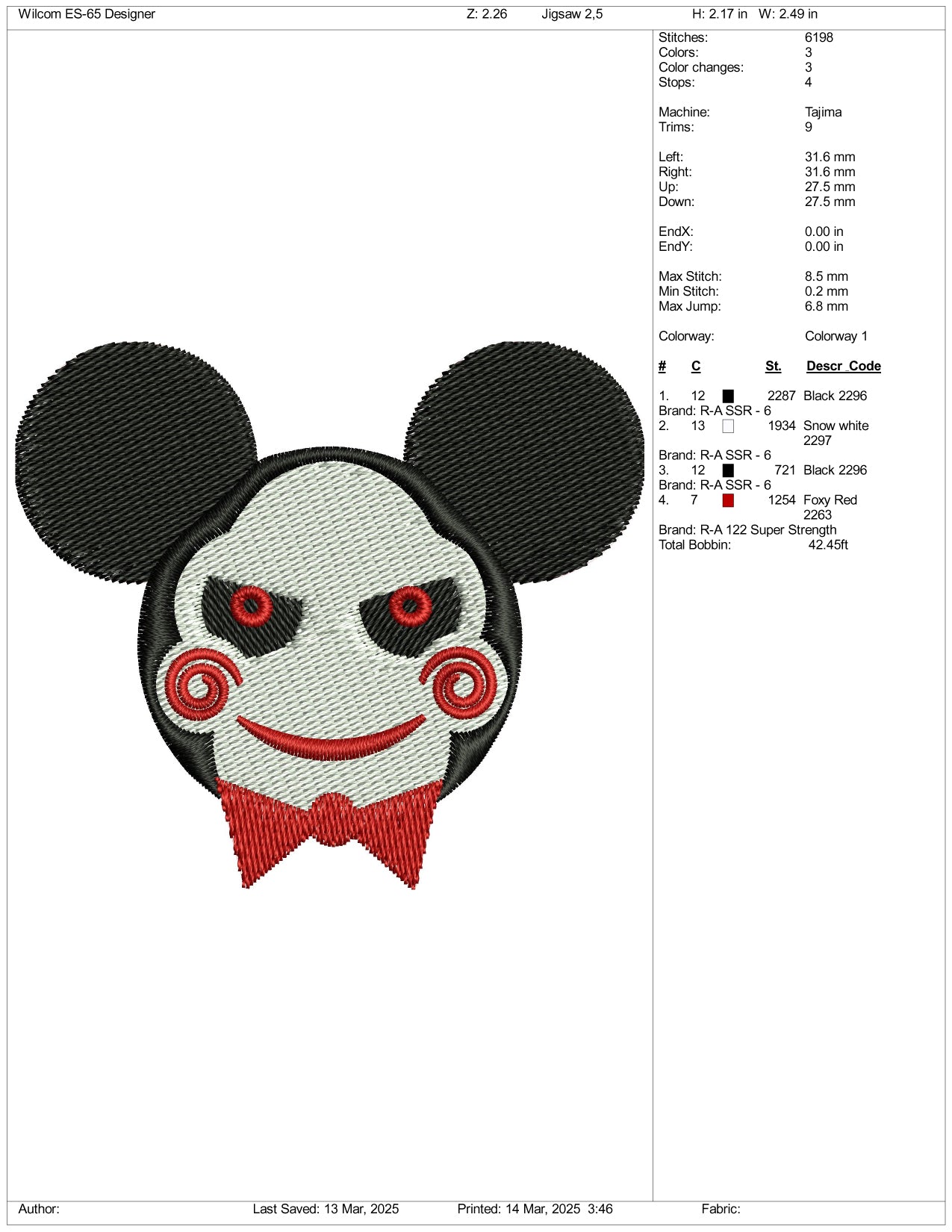 Mickey Mouse SAW Clown Embroidery Files - 3 Size's