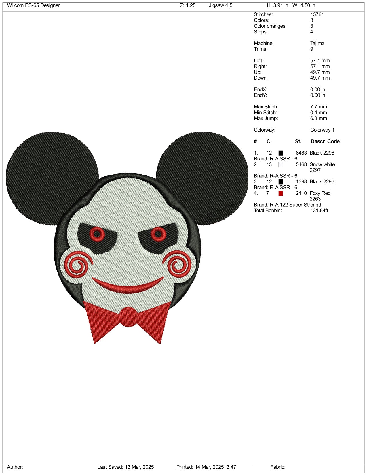 Mickey Mouse SAW Clown Embroidery Files - 3 Size's