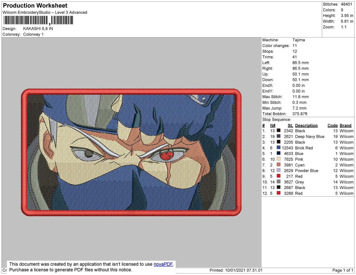 Kakashi Hatake Embroidery Design Files - 4 Sizes