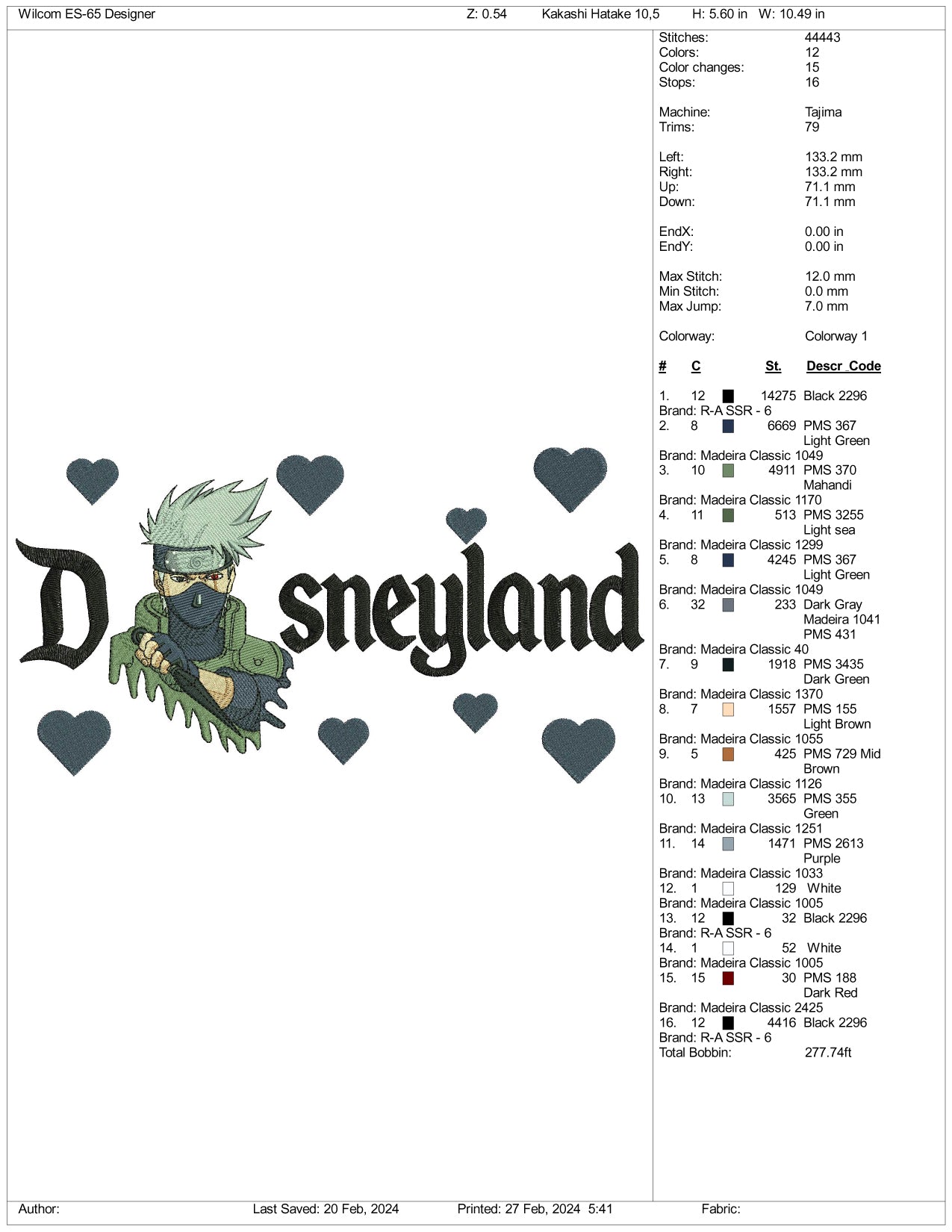 Archivos de diseño de bordado de Kakashi Hatake Disneyland (3 tamaños)