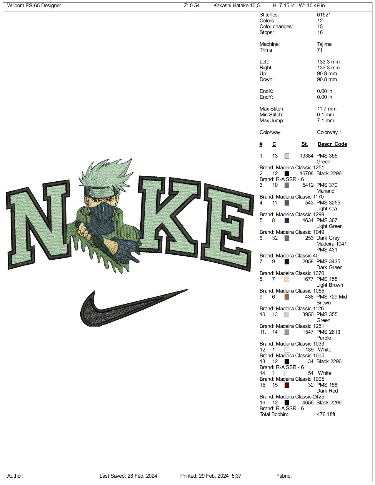 Archivos de diseño de bordado de Nike Kakashi Hatake (3 tamaños)