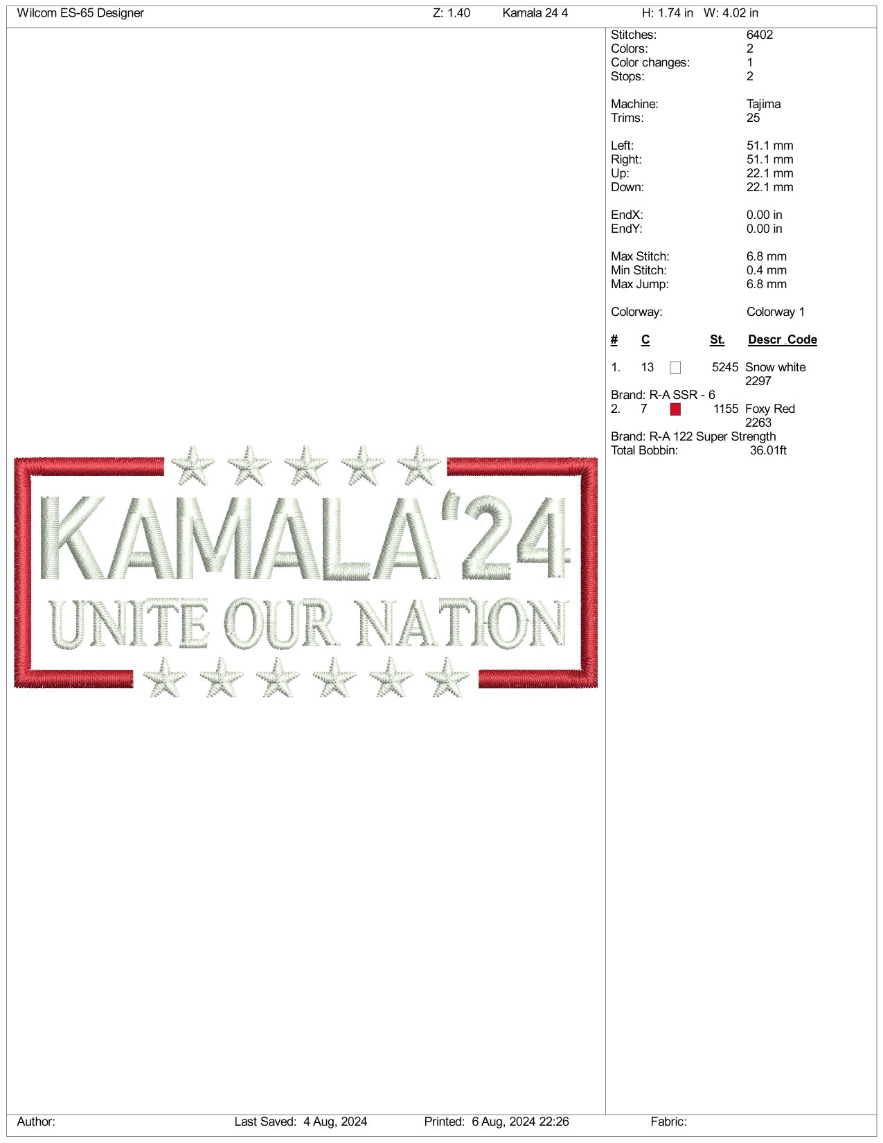 Kamala 24 Unite Our Nation Embroidery Files - 3 Size's