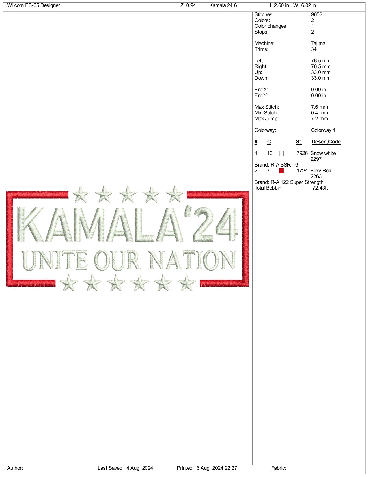 Archivos de bordado "Kamala 24 Unite Our Nation" - 3 tamaños