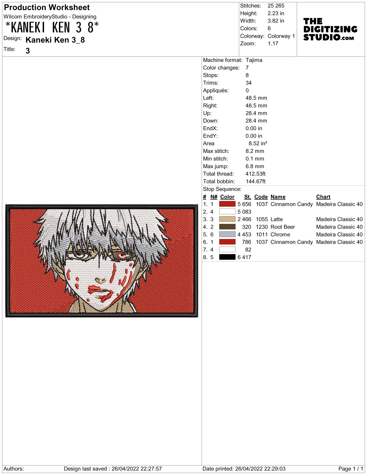 Ken Kaneki v2 Embroidery Design Files - 3 Sizes