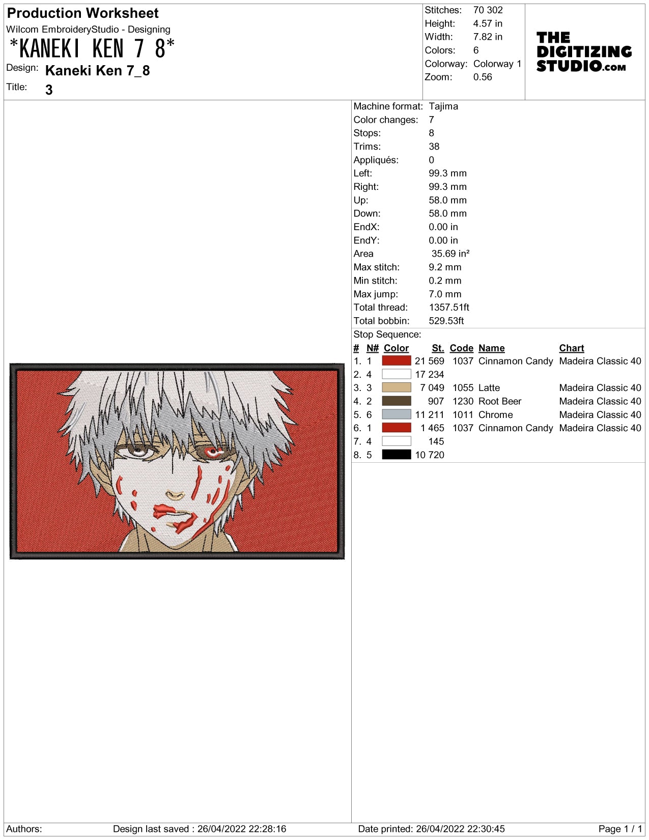 Ken Kaneki v2 Embroidery Design Files - 3 Sizes