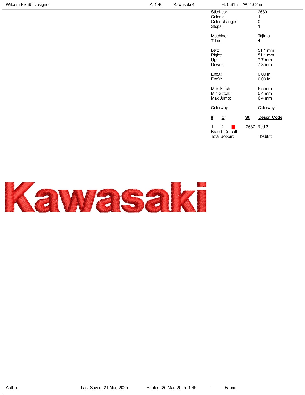 Kawasaki Logo Embroidery Design Files - 3 Size's