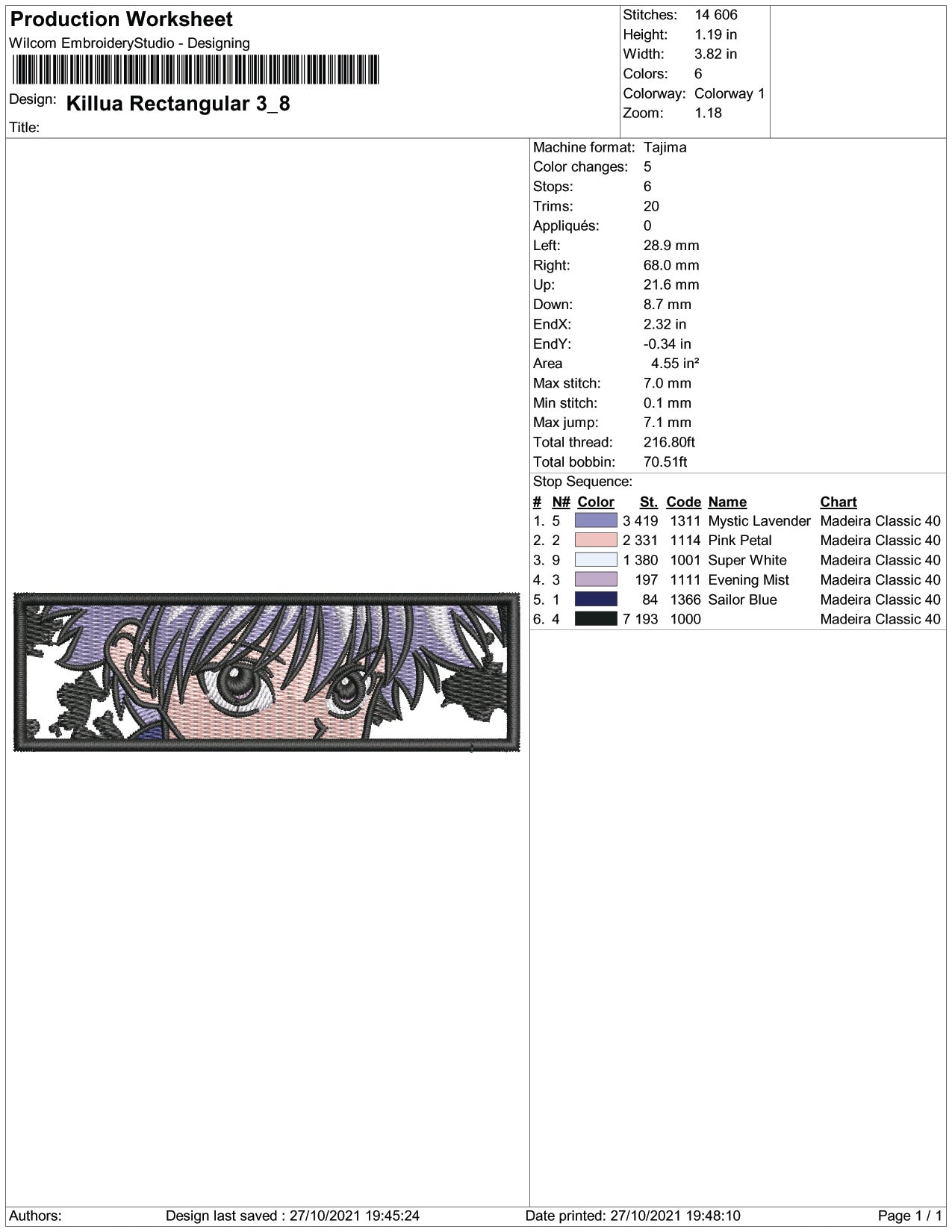 Killua Zoldyck Rectangle Embroidery Design Files - 5 Size's