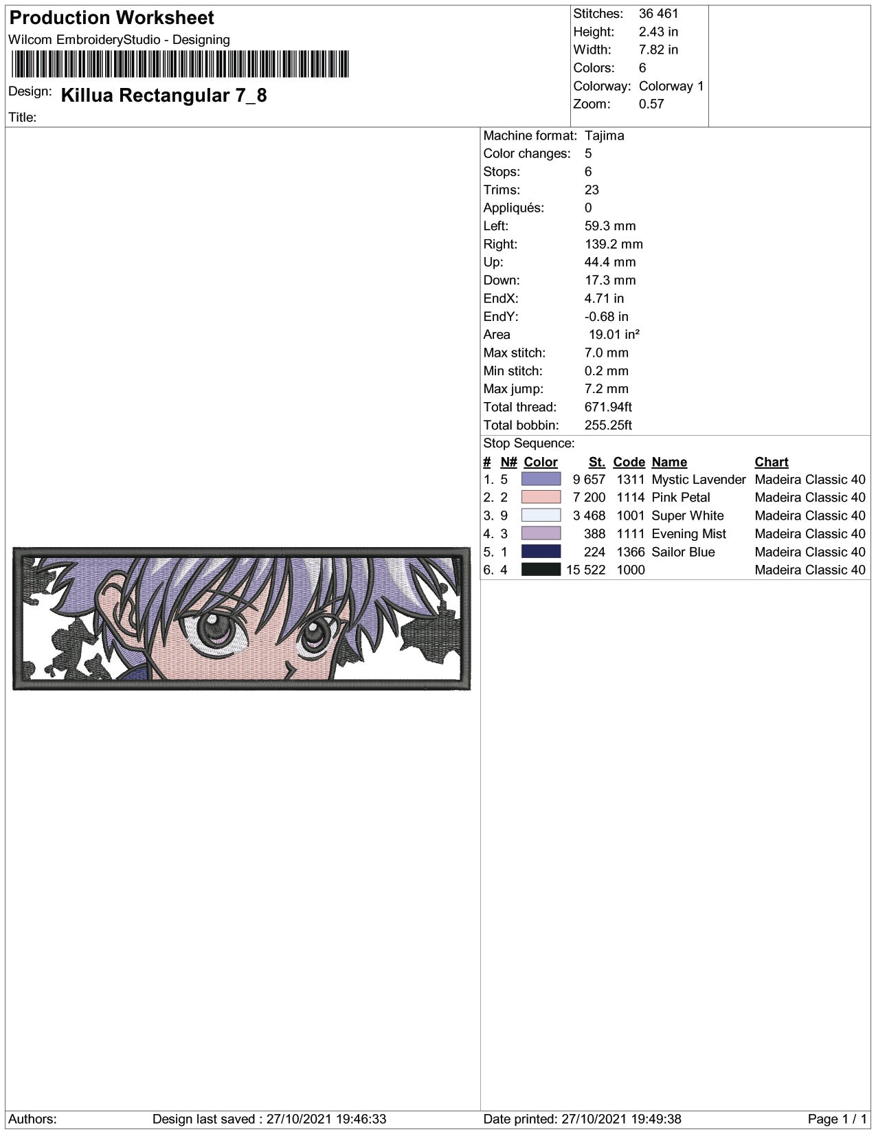 Killua Zoldyck Rectangle Embroidery Design Files - 5 Size's