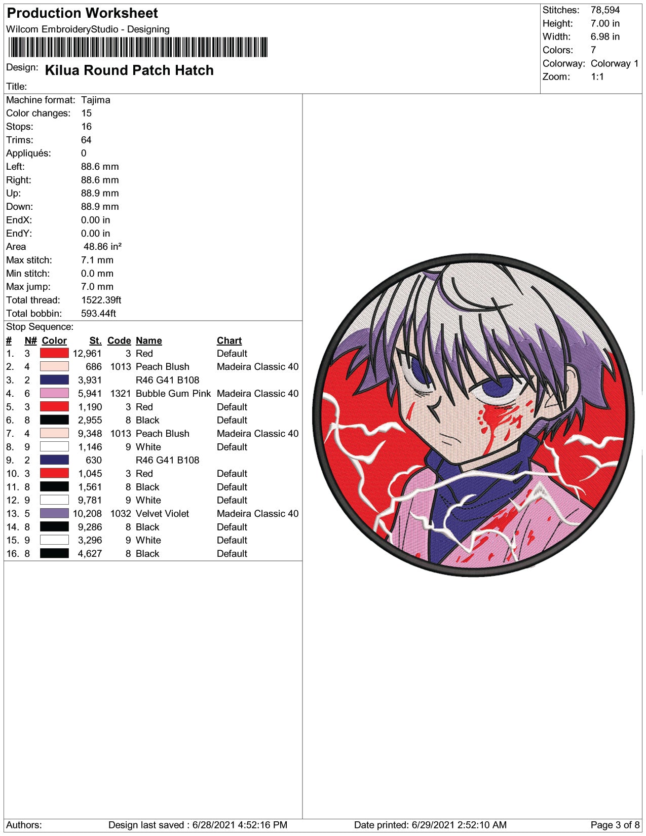Killua Zoldyck Round Patch Embroidery Design Files - 4 Size's