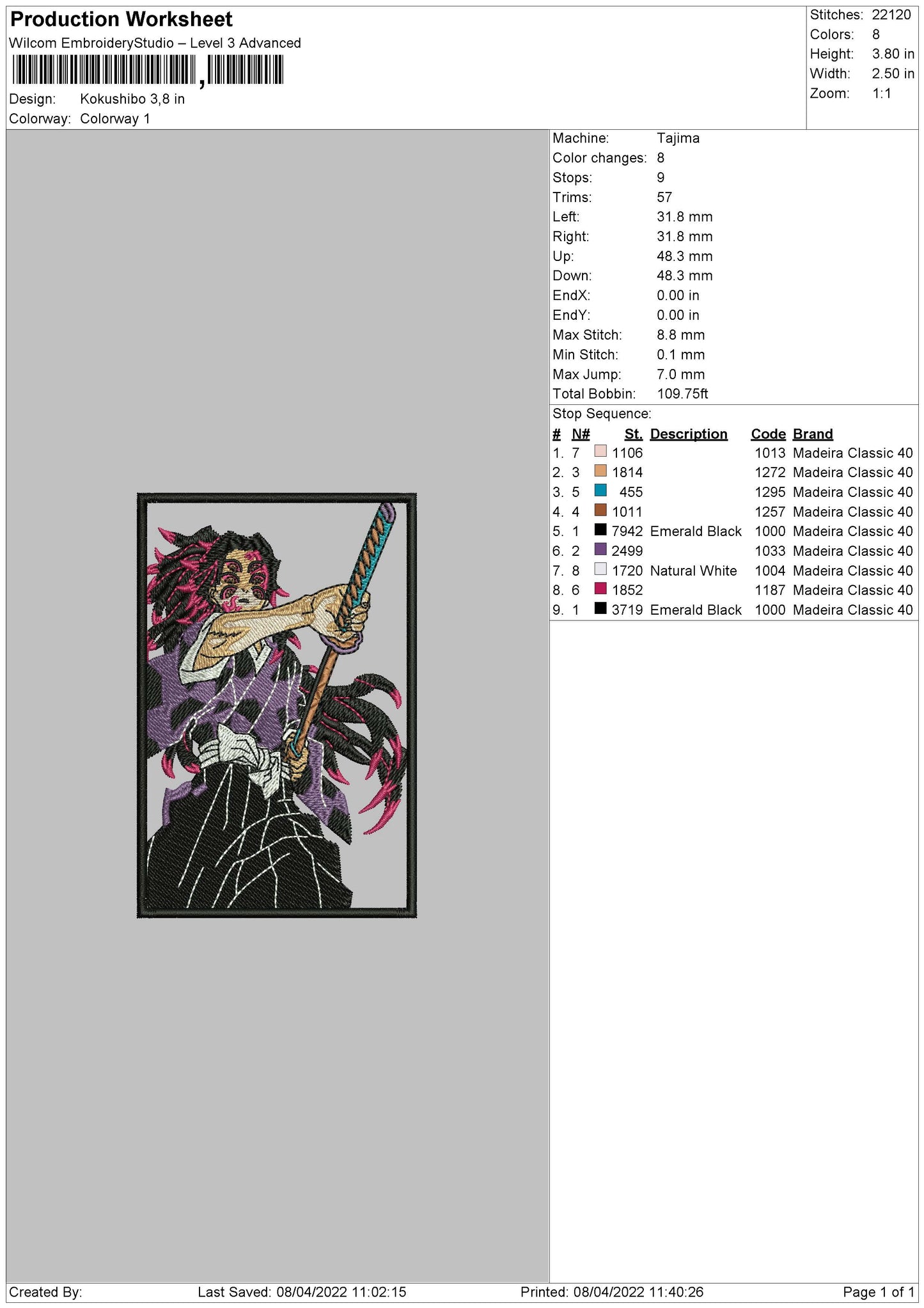 Kokushibo v2 Embroidery Design Files - 4 Size's