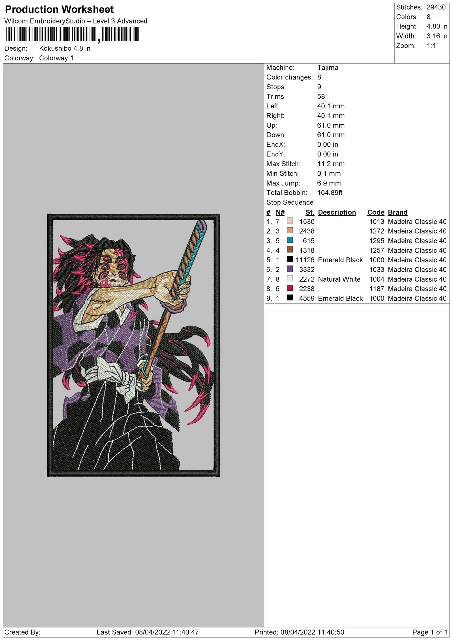 Kokushibo v2 Embroidery Design Files - 4 Size's