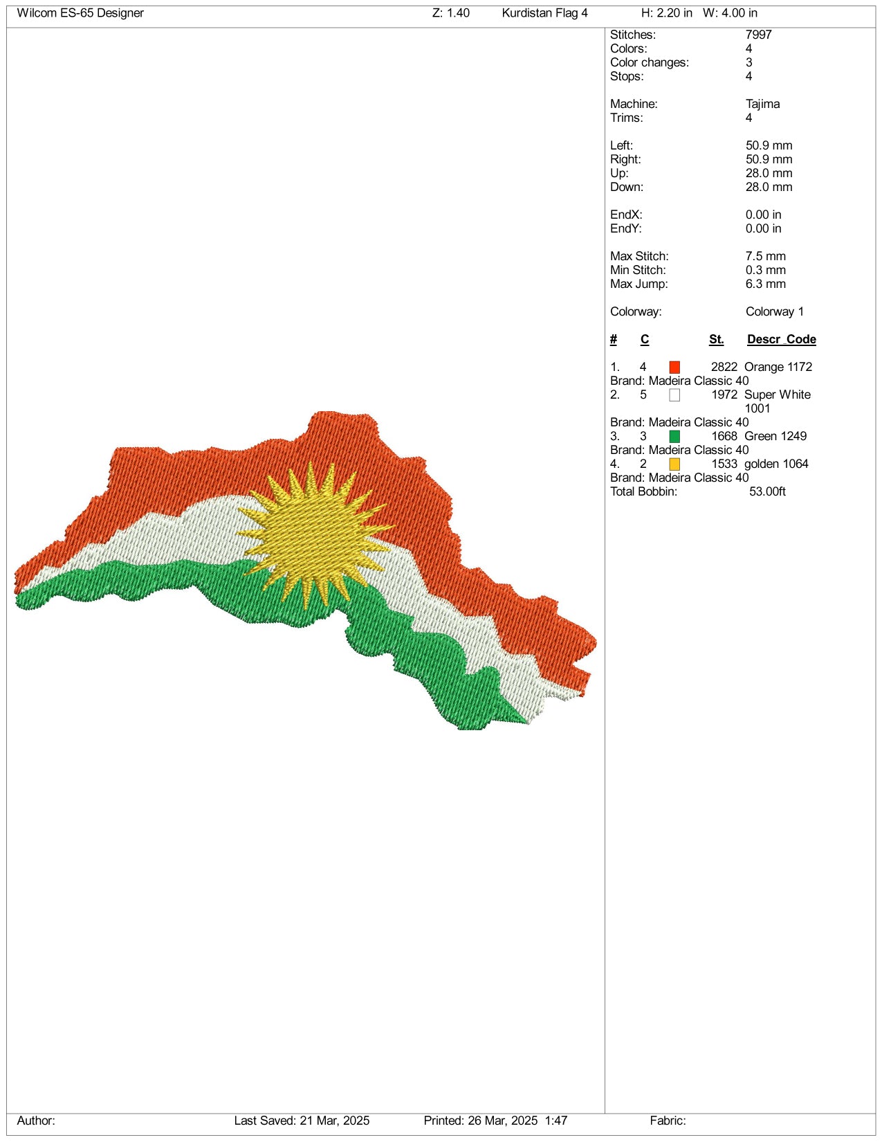 Kurdistan Flag Embroidery Design Files - 3 Size's