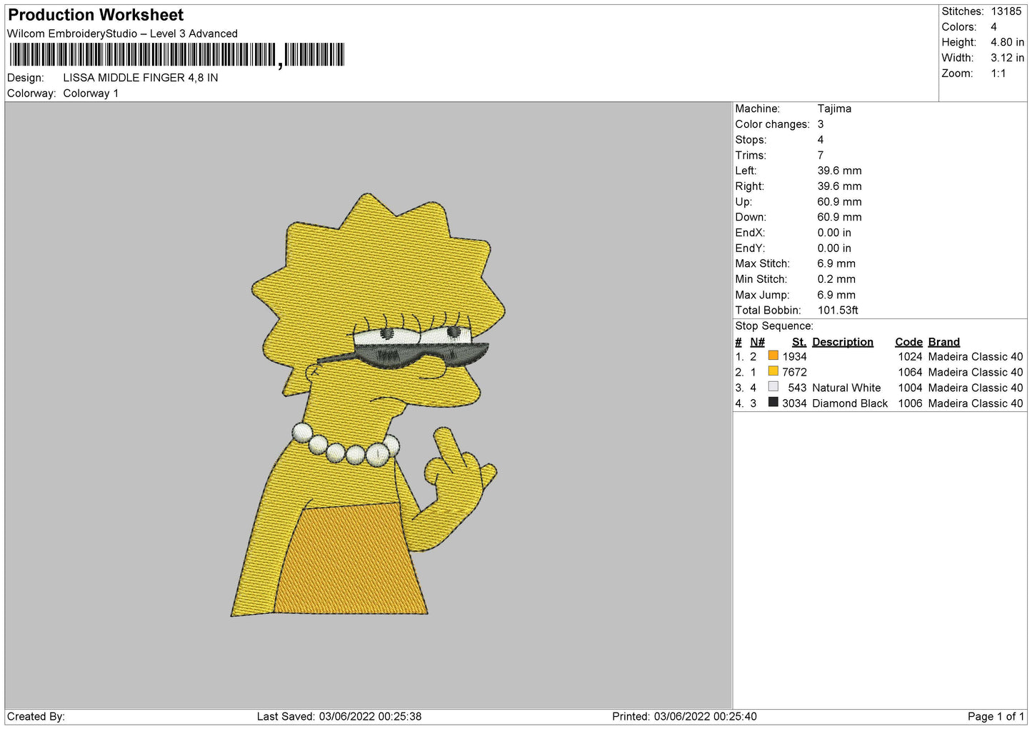 Lisa Simpson v2 Embroidery Design Files - 4 Size's