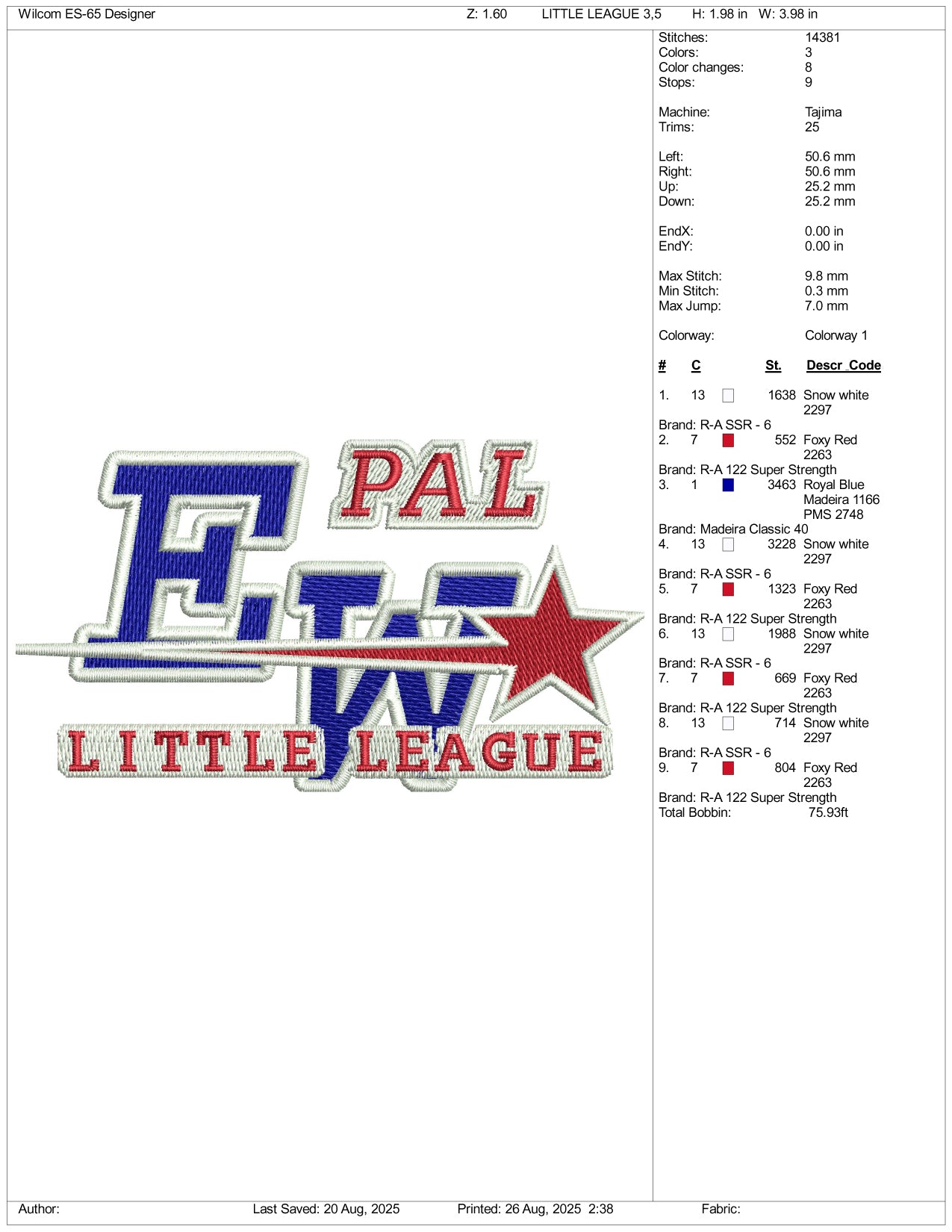 Pal EW Little League Embroidery Files - 3 Size's