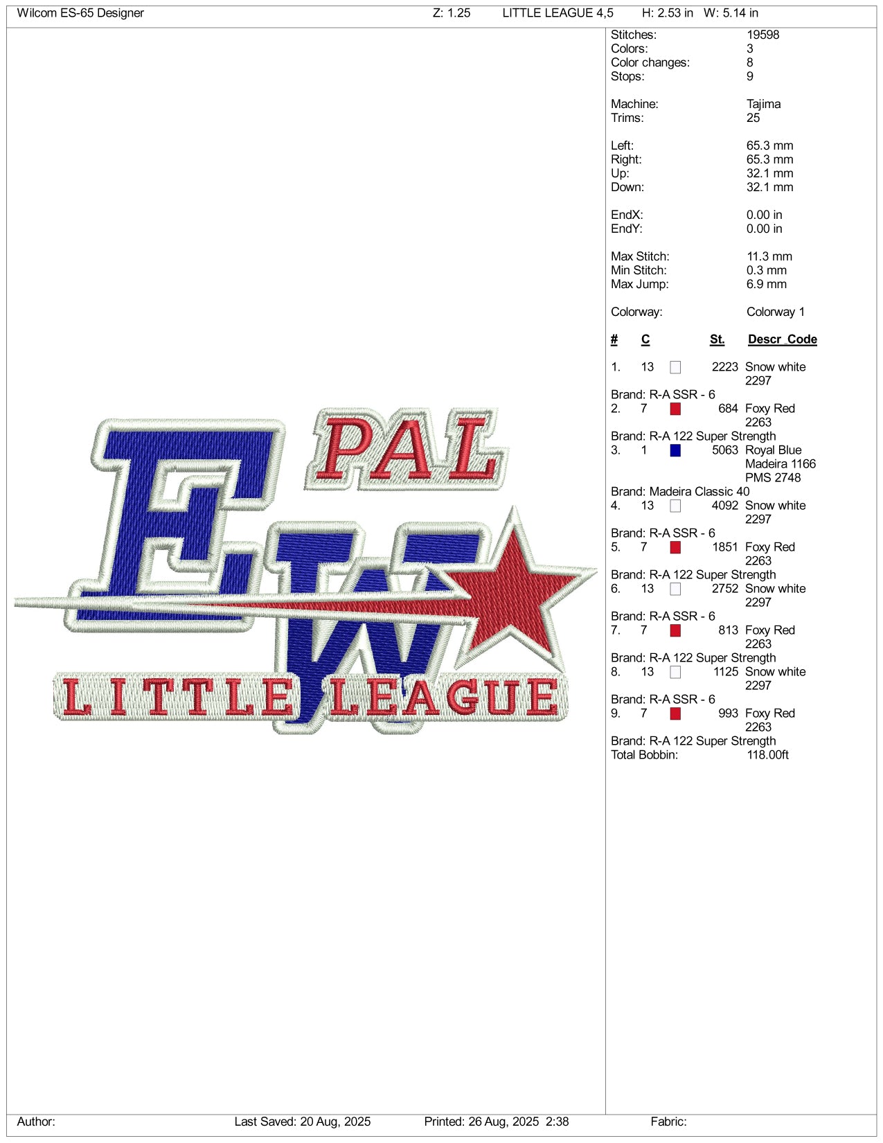 Pal EW Little League Embroidery Files - 3 Size's