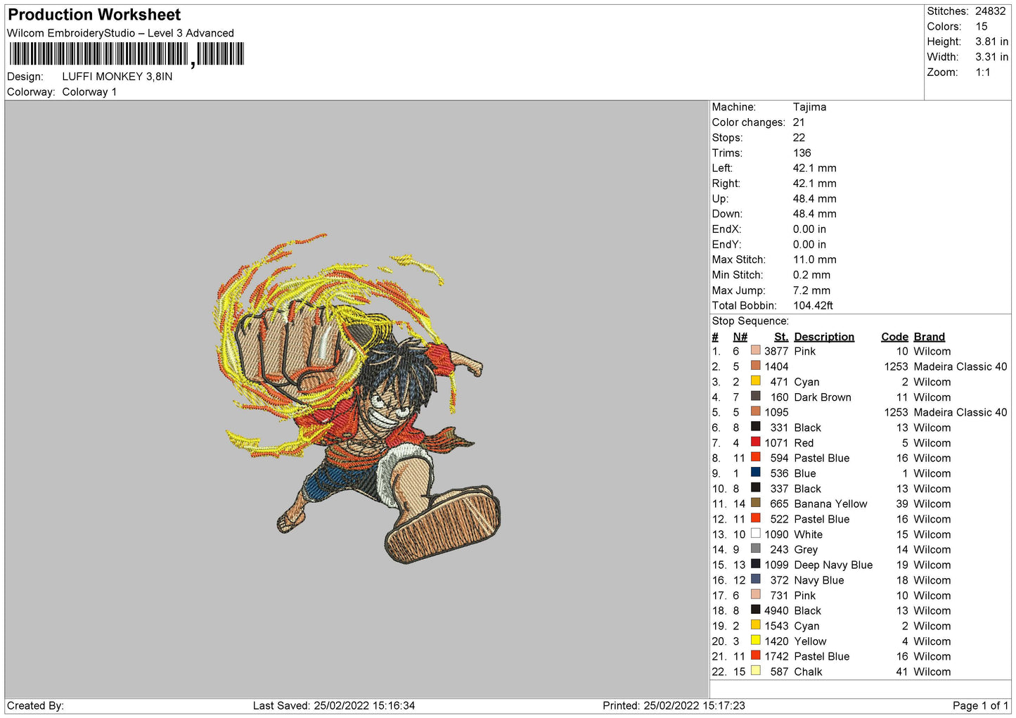 Monkey D Luffy v16 Embroidery Design Files - 4 Size's