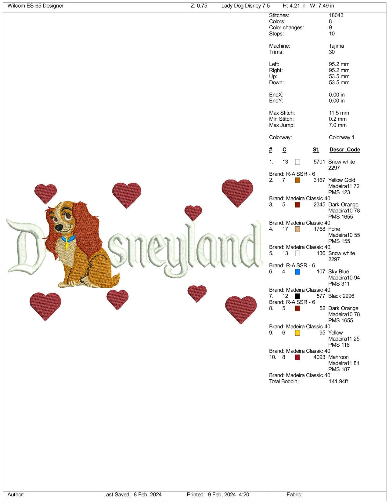 Archivos de diseño de bordado Lady Dog Disneyland - 3 tamaños