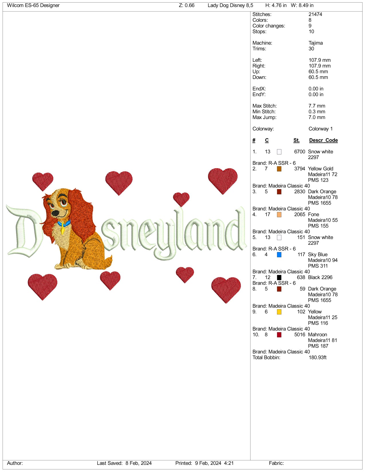 Archivos de diseño de bordado Lady Dog Disneyland - 3 tamaños