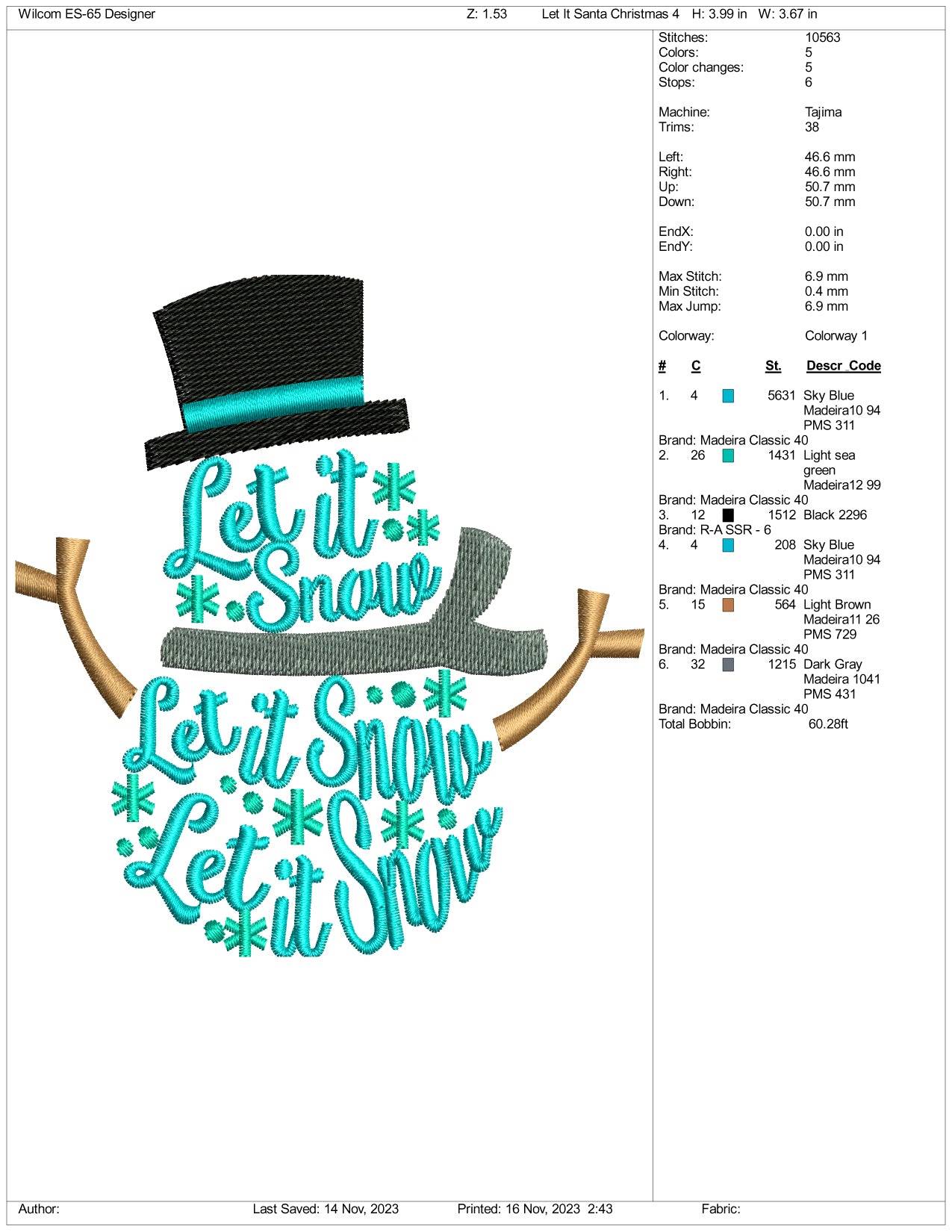 Let It Snow Embroidery Design Files - 3 Size's