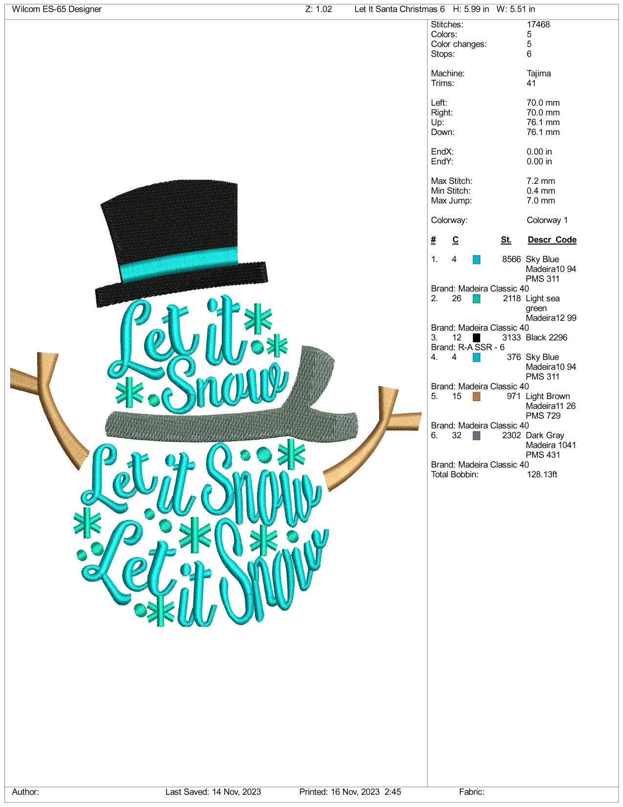 Let It Snow Embroidery Design Files - 3 Size's
