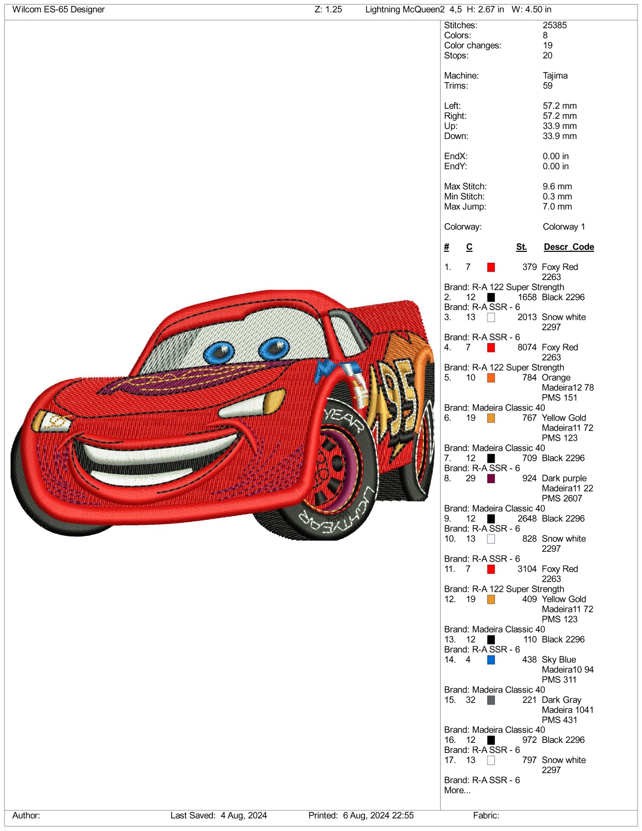 Lightning McQueen Embroidery Files - 3 Size's