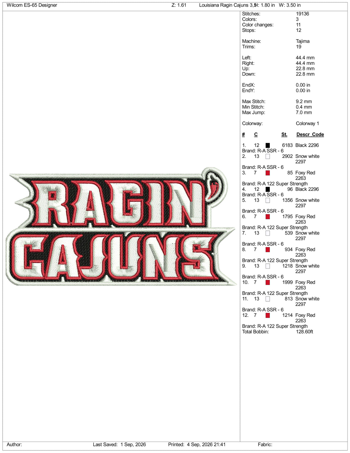 Louisiana Ragin Cajuns Logo Embroidery Design Files - 3 Size's